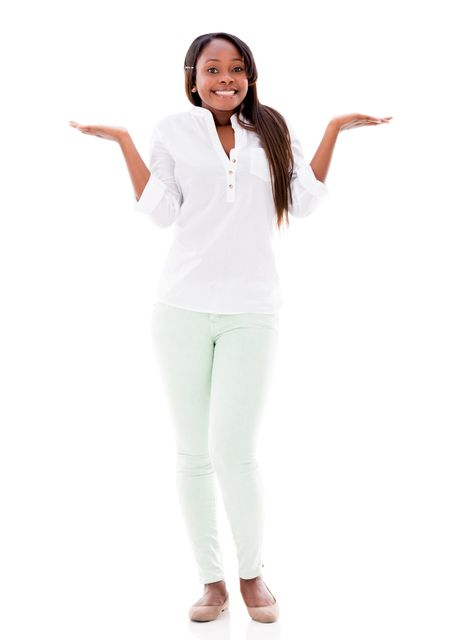 Casual woman looking clueless - isolated over a white background 