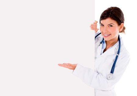 Female doctor with a banner - isolated over a white background 