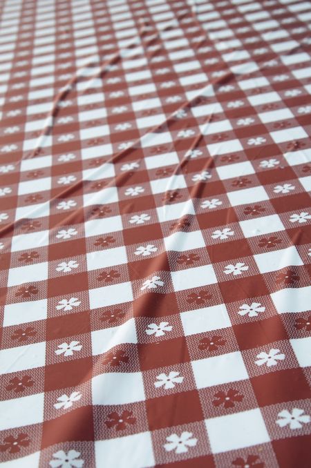 Checkered tablecloth in red and white with long creases