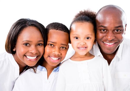 Family portrait smiling looking happy - isolated over white 