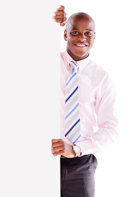 Happy business man with a banner - isolated over white background