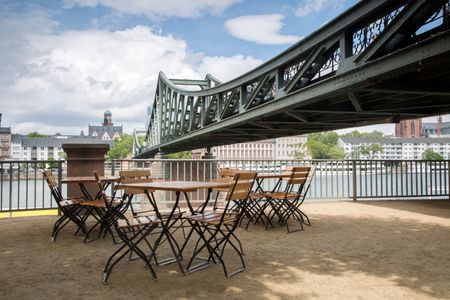 Eiserner Steg Bridge with Cafe Table and Chairs; Frankfurt; Germany;