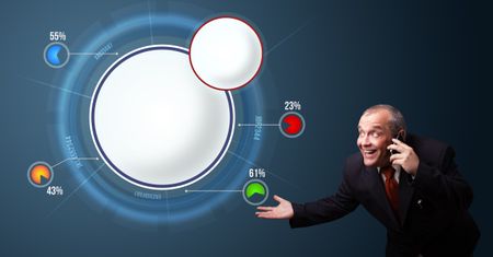 crazy businessman in suit holding a phone and presenting abstract modern pie chart with copy space