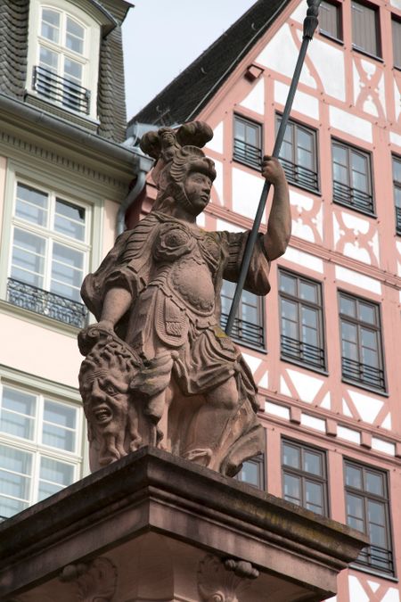 Minervabrunnen - Minerva Statue in Romerberg Square, Frankfurt; Germany