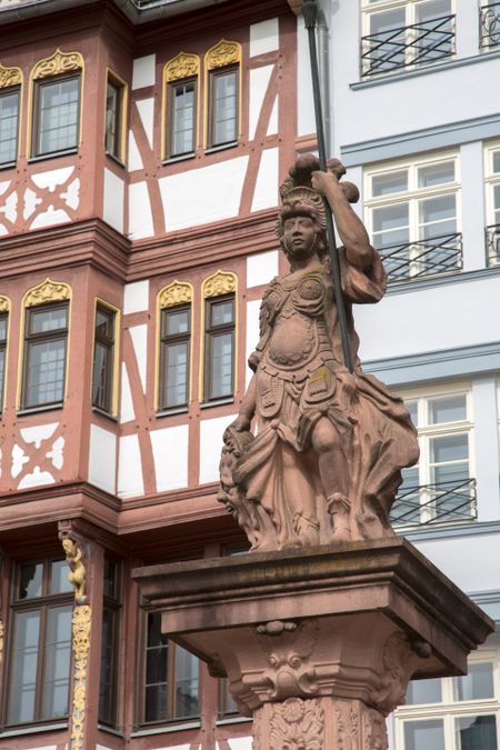 Minervabrunnen - Minerva Statue in Romerberg Square, Frankfurt; Germany