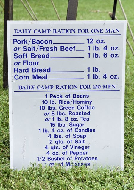 List of daily camp rations for Union soldiers, displayed at reenactment of battle in American Civil War (1861-1865), Lombard, Illinois