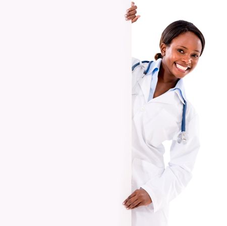 Female doctor with a banner ad - isolated over white background
