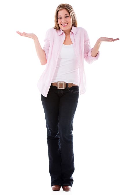 Hesitant casual woman - isolated over a white background