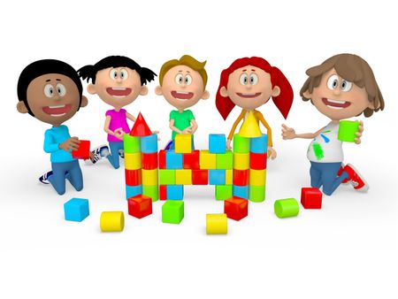 3D kids playing assembling things and looking very happy - isolated over white 