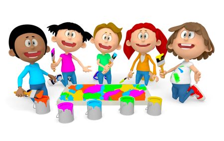 3D kids painting and looking very happy - isolated over white 