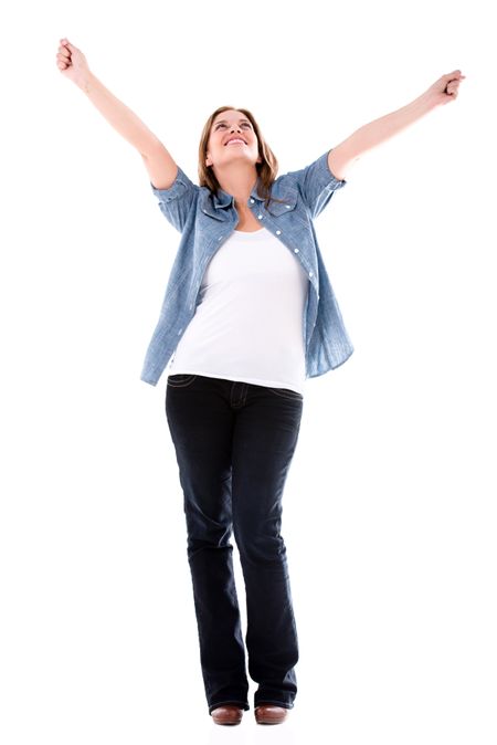 Happy woman with arms up enjoying her success - isolated over white 
