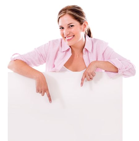 Happy woman pointing a banner ad - isolated over white