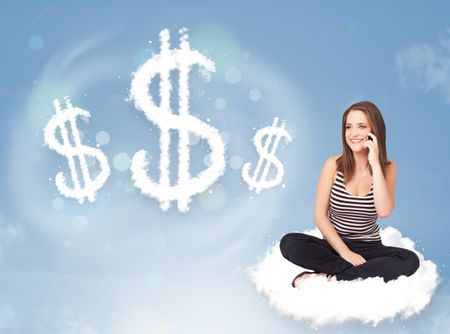 Pretty young woman sitting on cloud next to cloud dollar signs