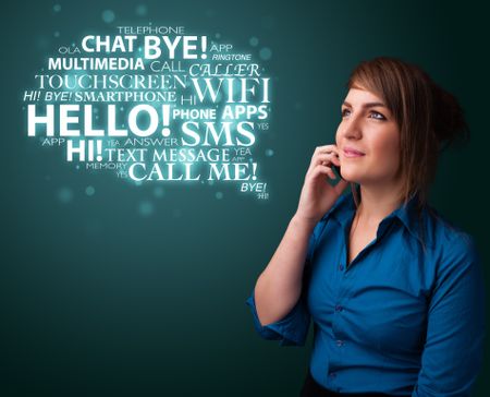 Pretty young girl calling by phone with word cloud
