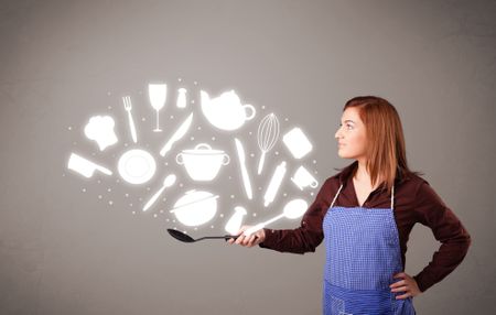 Pretty young lady with kitchen accessories icons