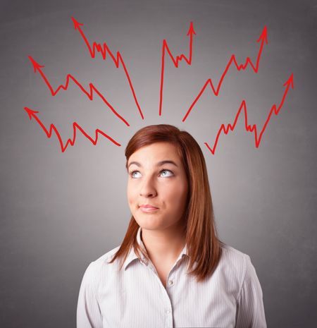 Young woman standing and thinking with arrows overhead