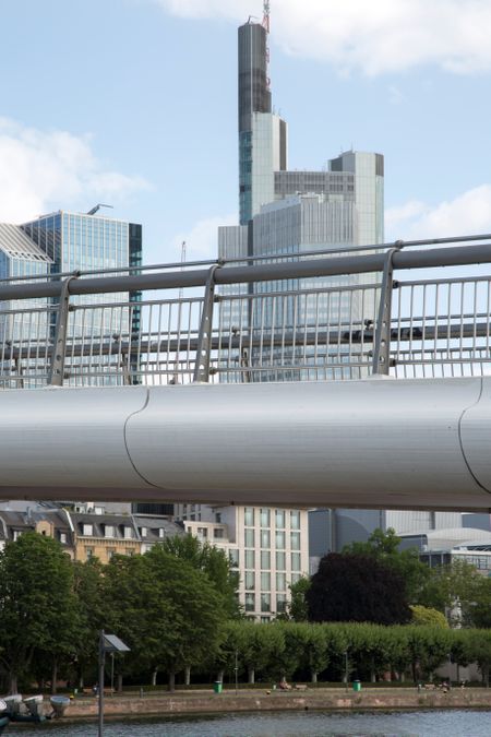 Skyline and Holbeinsteg Bridge, Frankfurt, Germany