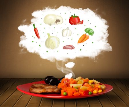 Plate of food with vegetable ingredients illustration in cloud on wood deck