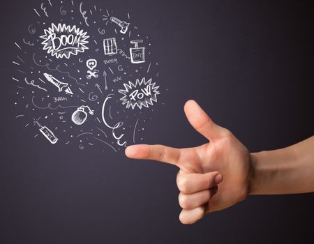 Sketched explosive weapons coming out of gun shaped hands