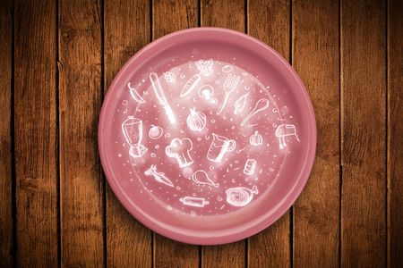 Colorful plate with hand drawn icons, symbols, vegetables and fruits on grungy background