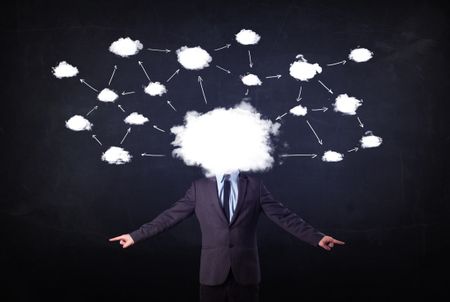 Business man with cloud network head on grungy background