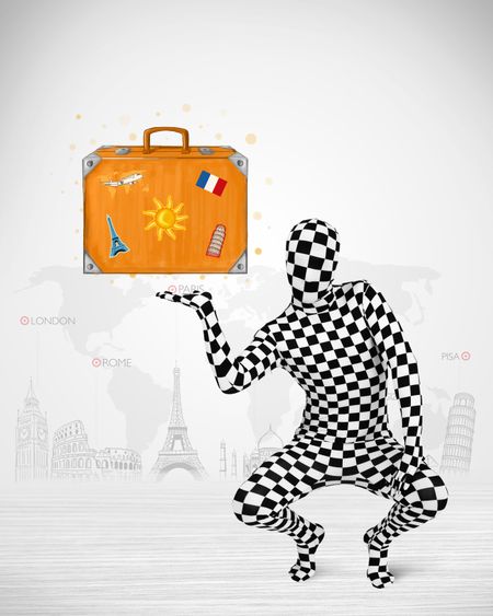 Funny man in full body suit presenting vacation suitcase, tourist attractions in background