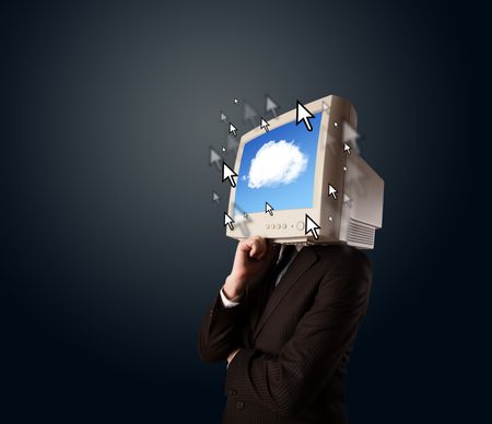 Business man with a monitor on his head, cloud system and pointers on the screen on a dark background