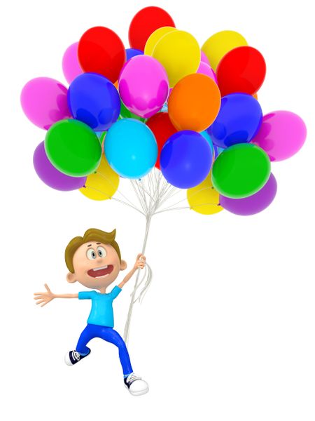 3D party boy with balloons - isolated over white background 