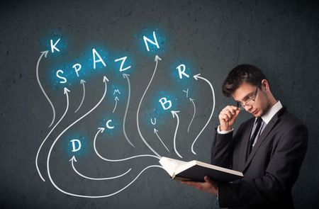 Young man reading a book while multiple choices are coming out of the book