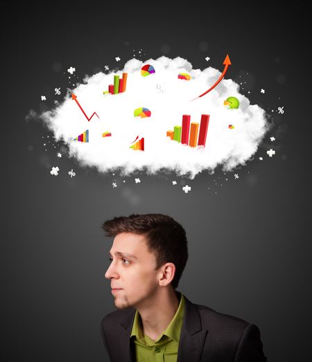 Thoughtful young businessman with cloud and charts concept