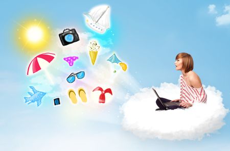 Pretty young woman sitting in cloud with laptop, summer travel concept