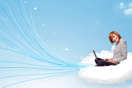 Pretty young woman sitting in cloud with laptop, lines concept