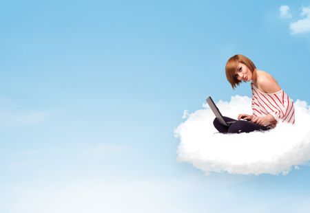 Pretty young woman with laptop sitting on cloud with empty space