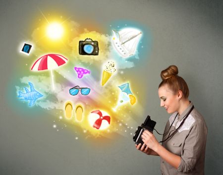 Beautiful teenage photographer making photos of holiday painted icons