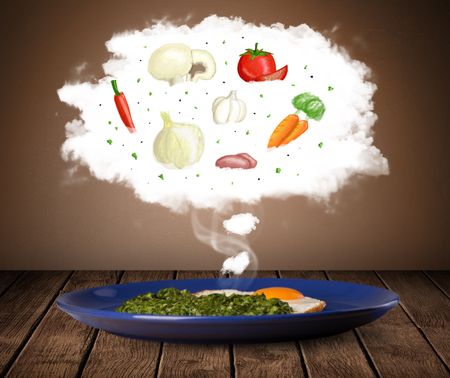 Plate of food with vegetable ingredients illustration in cloud on wood deck 