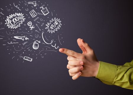 Sketched explosive weapons coming out of gun shaped hands