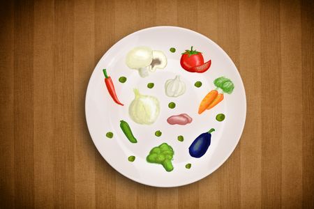 Colorful plate with hand drawn icons, symbols, vegetables and fruits on grungy background