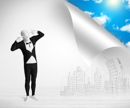 Funny man in body suit escaping from city to nature concept