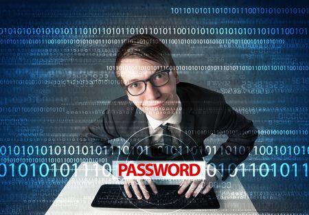 Young geek hacker stealing password on futuristic background