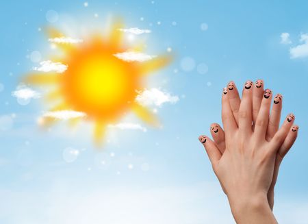 Cheerful happy smiling fingers with bright sun and clouds illustration