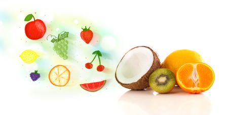 Colorful fruits with hand drawn illustrated fruits on white background