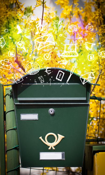 Colorful modern icons and symbols bursting out of a mailbox