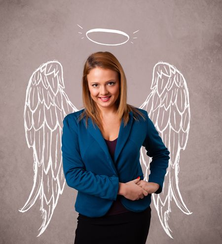 cute-girl-angel-illustrated-wings-grungy-150166877 Cute girl with angel illustrated wings on grungy background