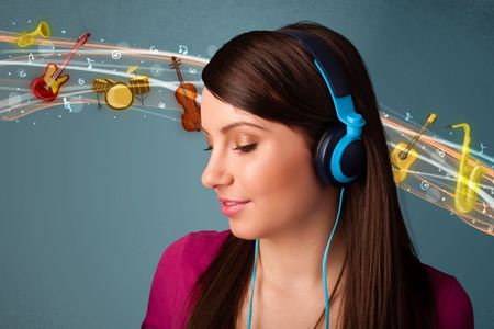 Pretty young woman listening to music, instruments concept