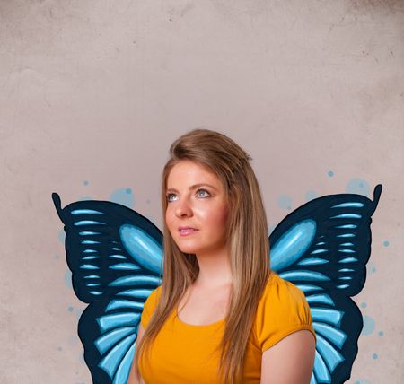 Cute young girl with butterfly blue illustration on the back