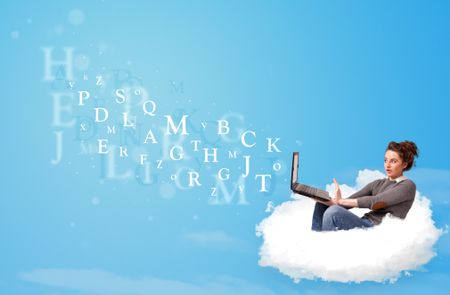 Pretty young woman sitting in cloud with laptop, letters concept