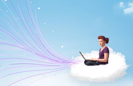 Pretty young woman sitting in cloud with laptop, lines concept