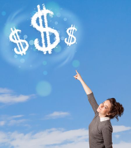 Young girl pointing at dollar sign clouds on blue sky concept