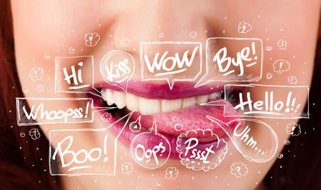 Beautiful red lips with white speech bubbles close up