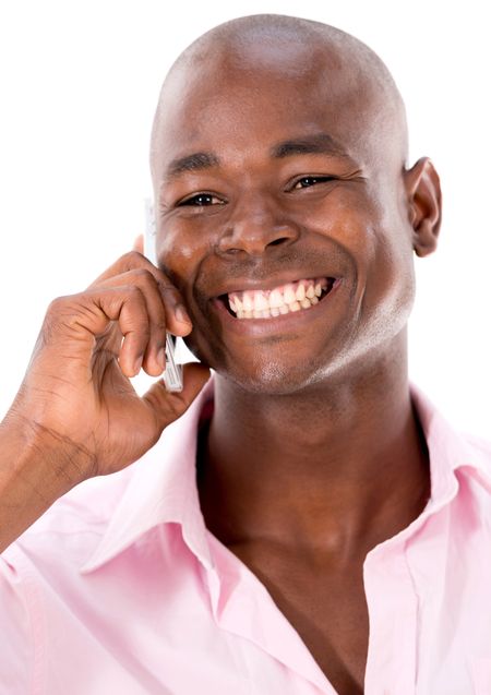 Happy man talking on the phone - isolated over a white background